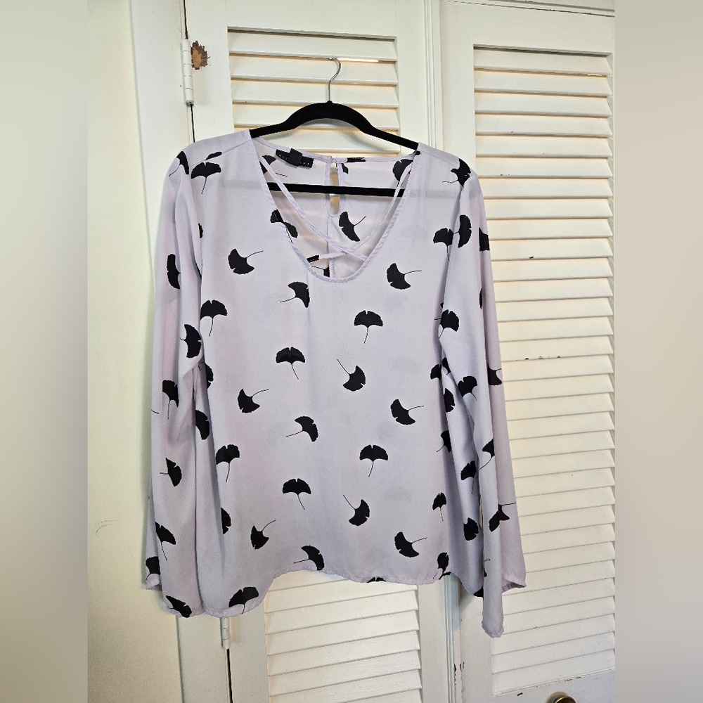 Attention Black and Purple Ginkgo Leaf Long Sleeve Relaxed Blouse XL